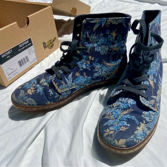 Dr. Martens Shoes - Dr. Martens Hackney Blue Floral Print Combat Canvas Shoes